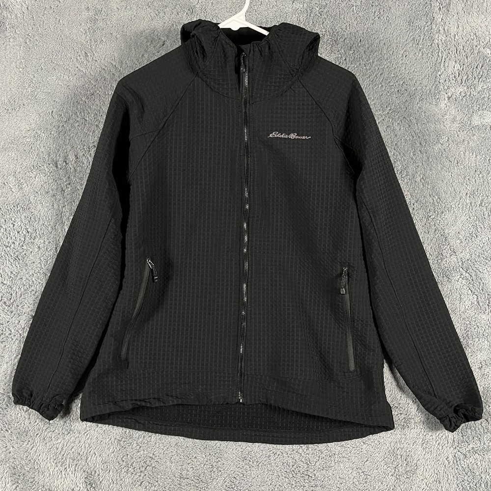 Eddie Bauer Hooded Jacket Womens Large Black Grid Fleece Long Sleeve Full Zip